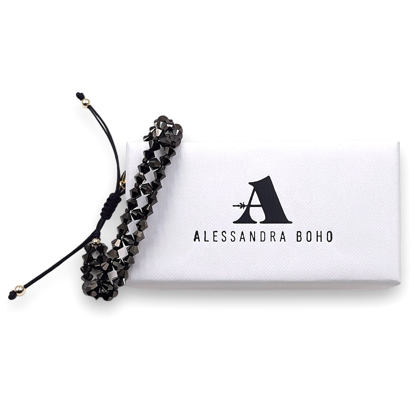 Pulsera con Swarovski, Miyuki y Plata con Baño de Oro en Cordón Negro
