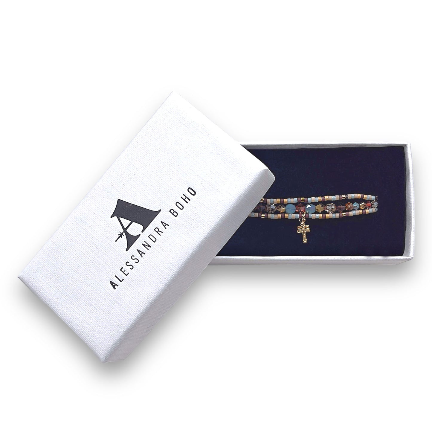 Pulsera con Swarovski, Miyuki y Mini Cruz de Caravaca con Baño de Oro