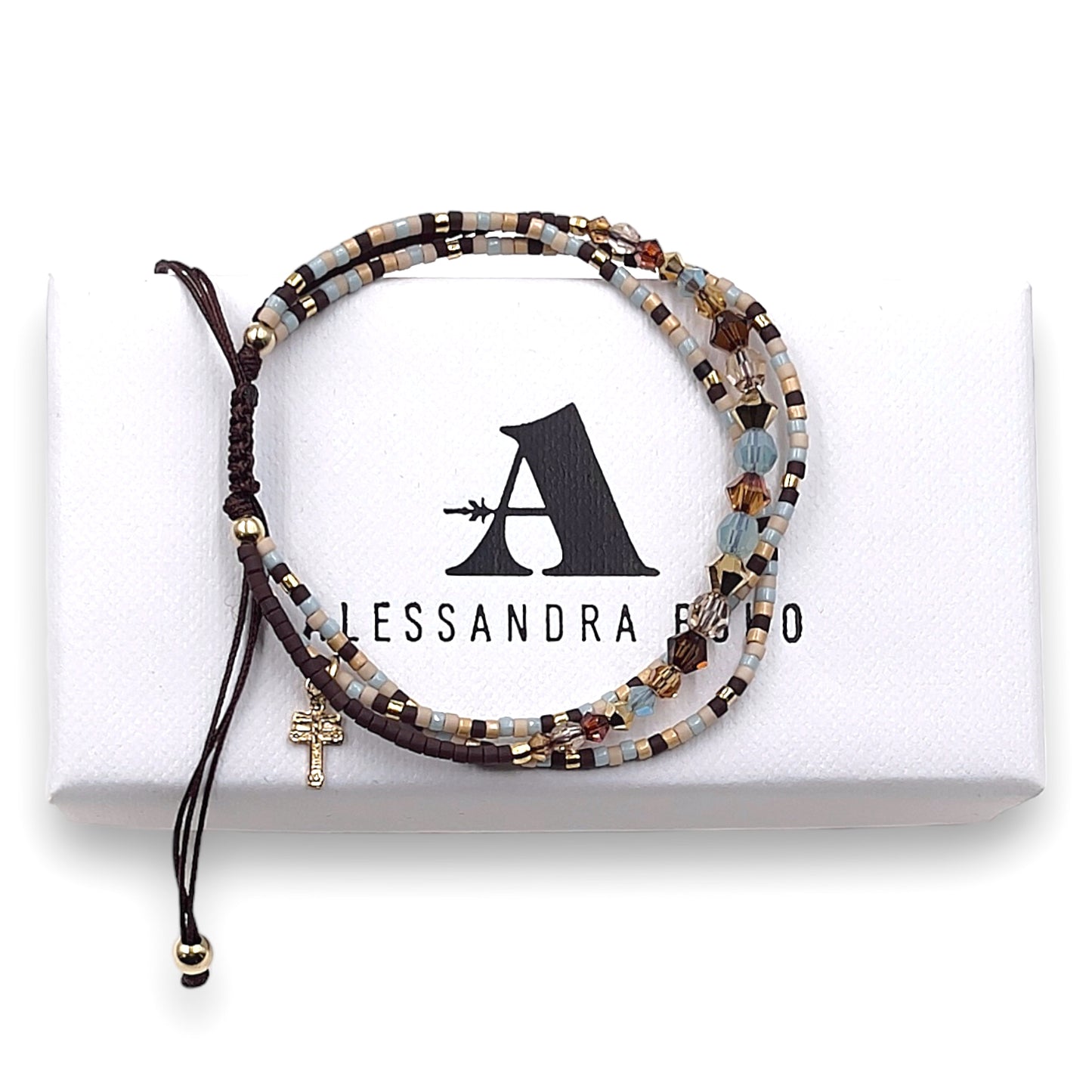 Pulsera con Swarovski, Miyuki y Mini Cruz de Caravaca con Baño de Oro