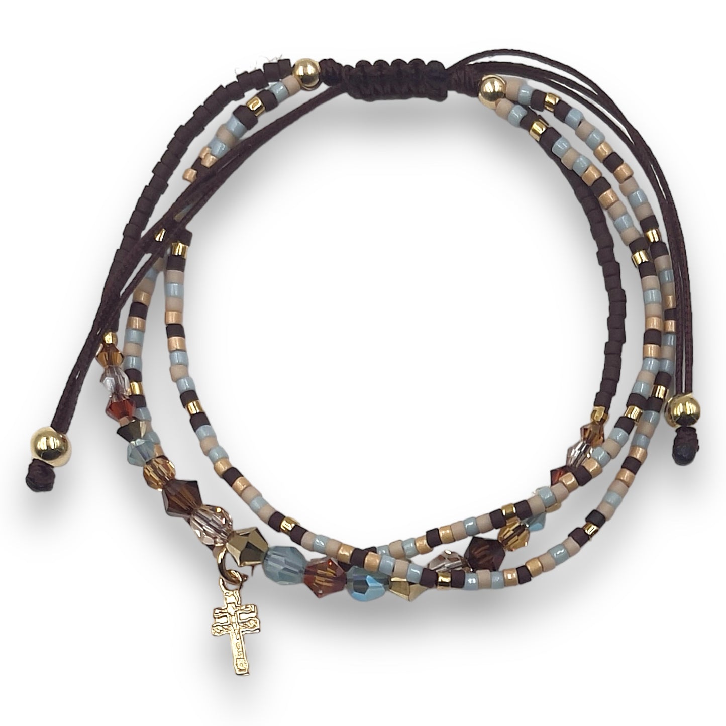 Pulsera con Swarovski, Miyuki y Mini Cruz de Caravaca con Baño de Oro