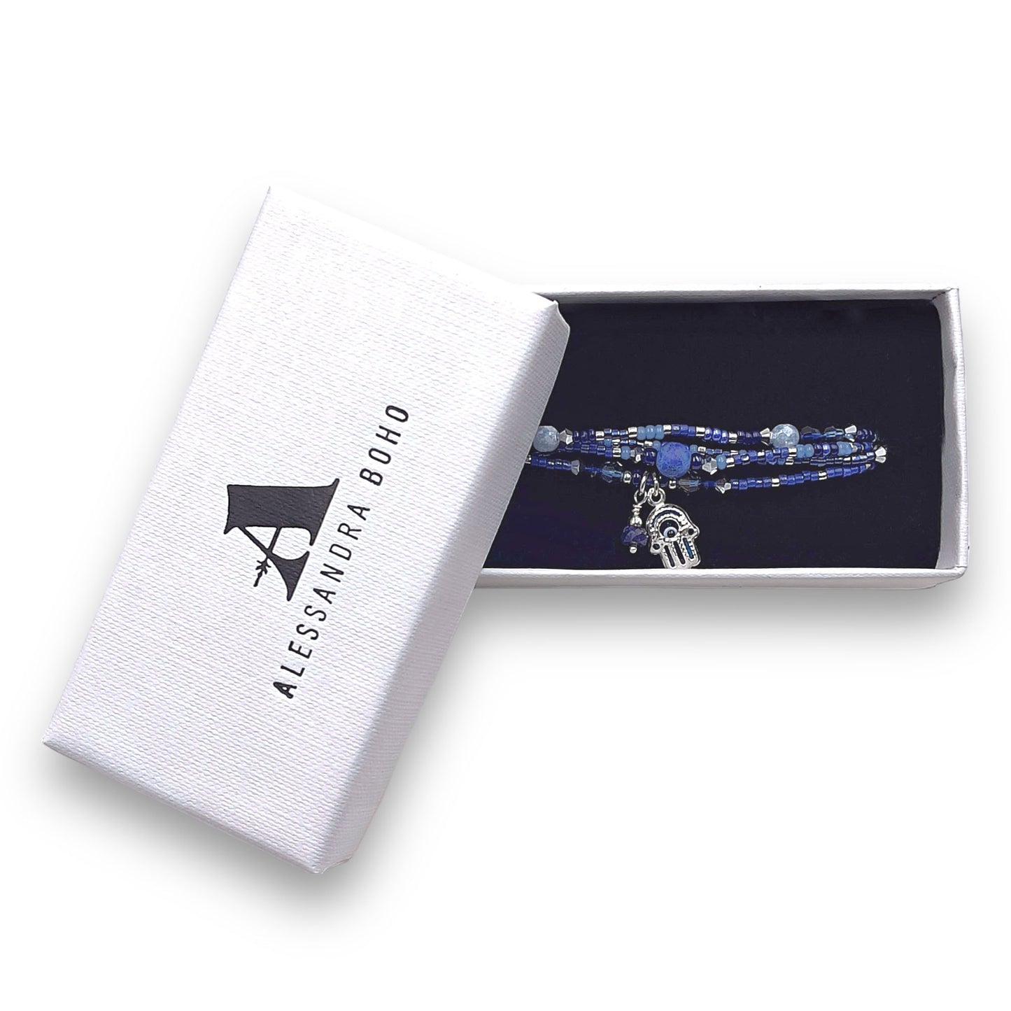 Pulsera Beige con Mano de Fátima, Zafiro, Swarovski, Miyuki y Plata de Primera Ley