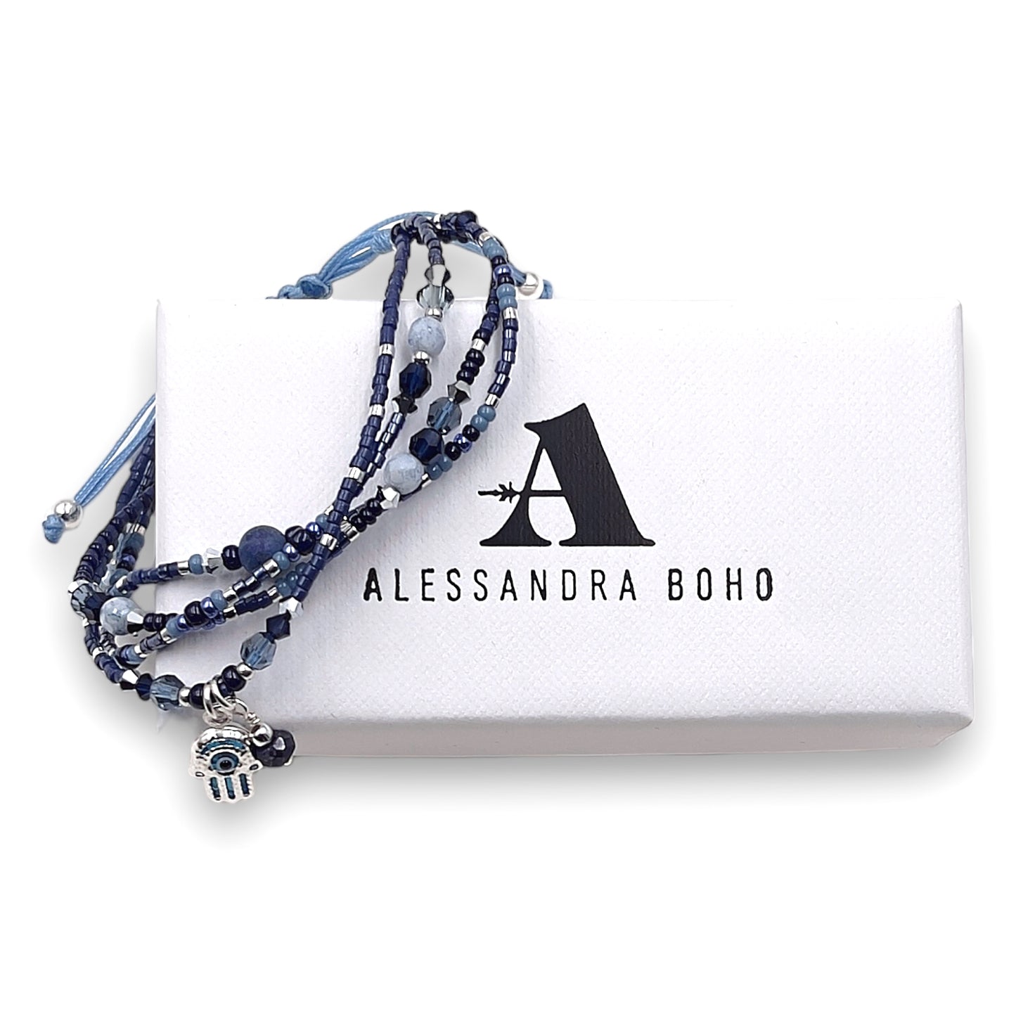 Pulsera Beige con Mano de Fátima, Zafiro, Swarovski, Miyuki y Plata de Primera Ley