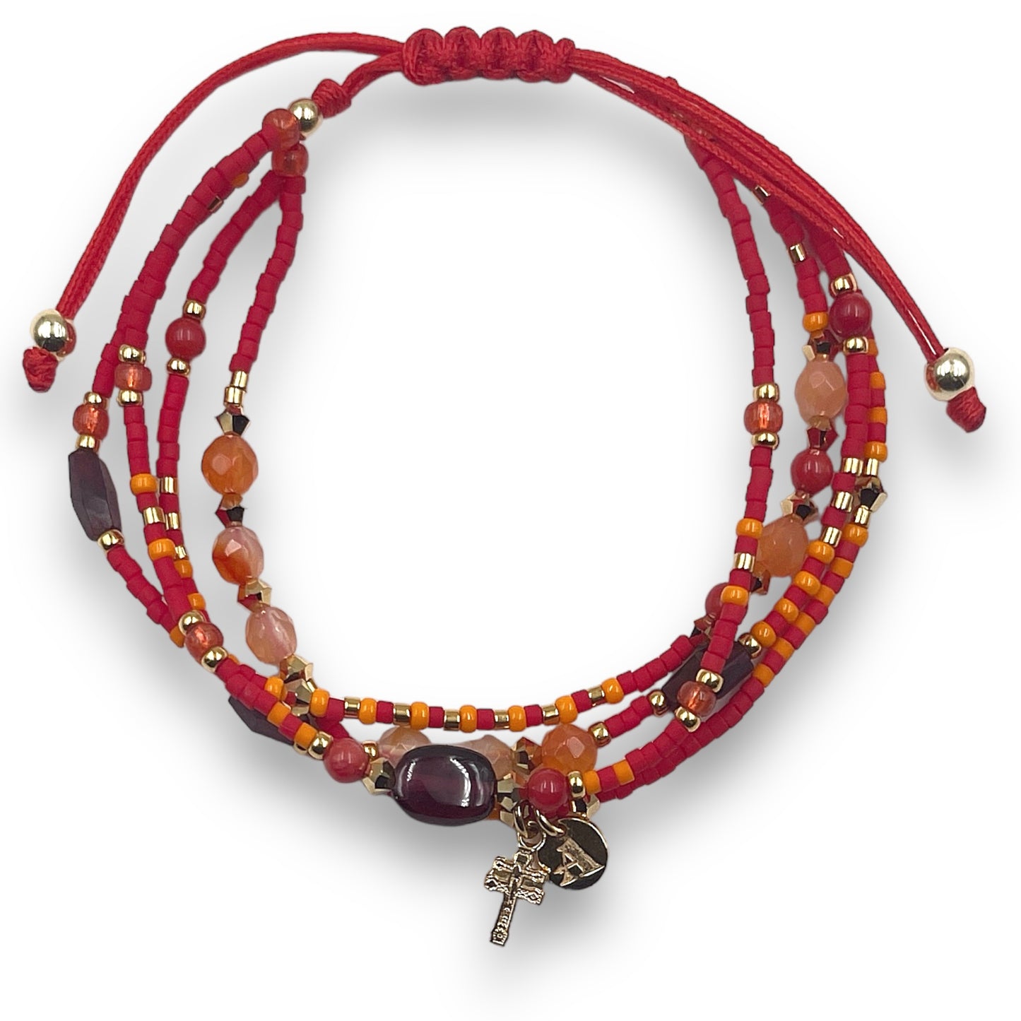 Pulsera con Swarovski, Miyuki y Cruz de Caravaca de Plata con Baño de Oro en Cordón Rojo