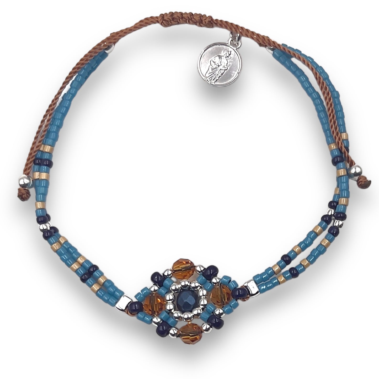 Pulsera con Swarovski, Miyuki y Mini Medalla de San Judas Tadeo en Cordón Marrón