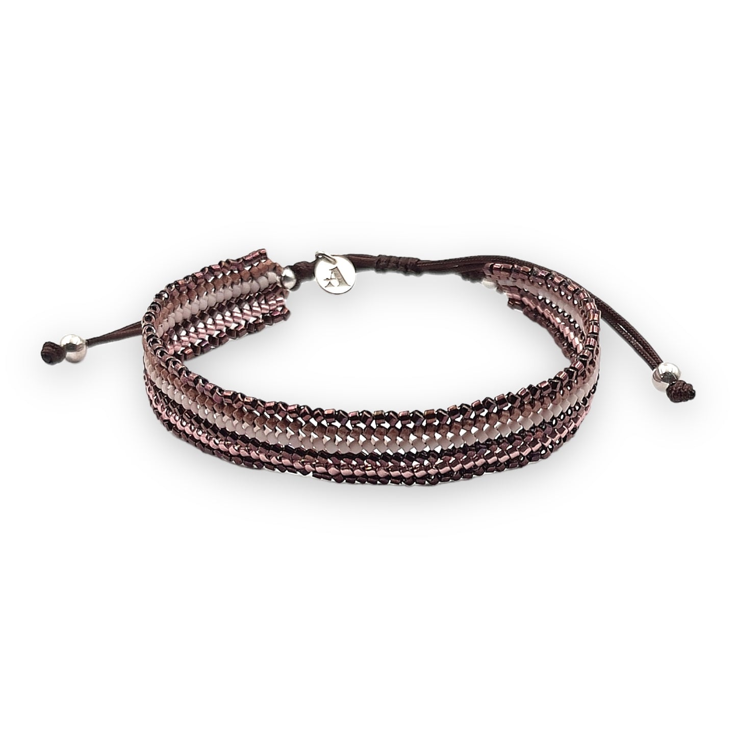 Pulsera con Cristales de Miyuki y Plata con Cordón Marrón Oscuro