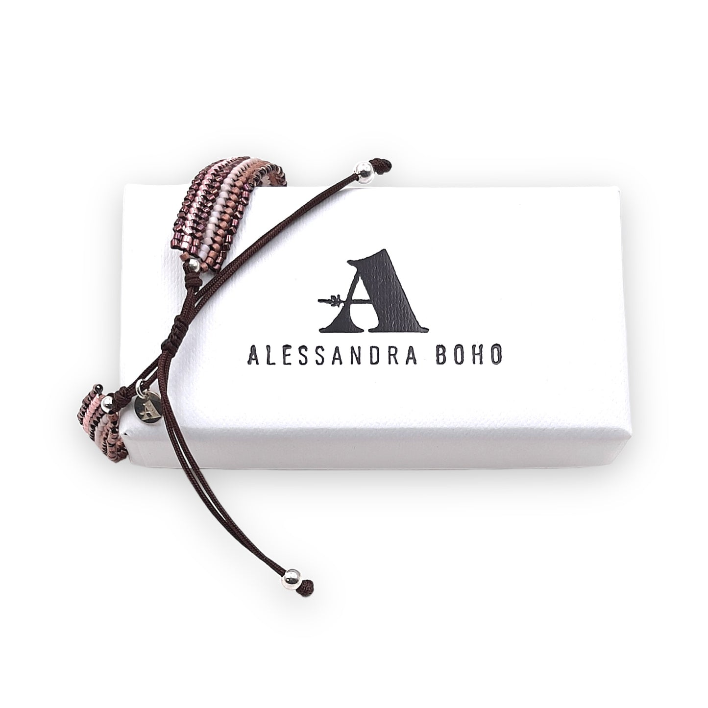 Pulsera con Cristales de Miyuki y Plata con Cordón Marrón Oscuro