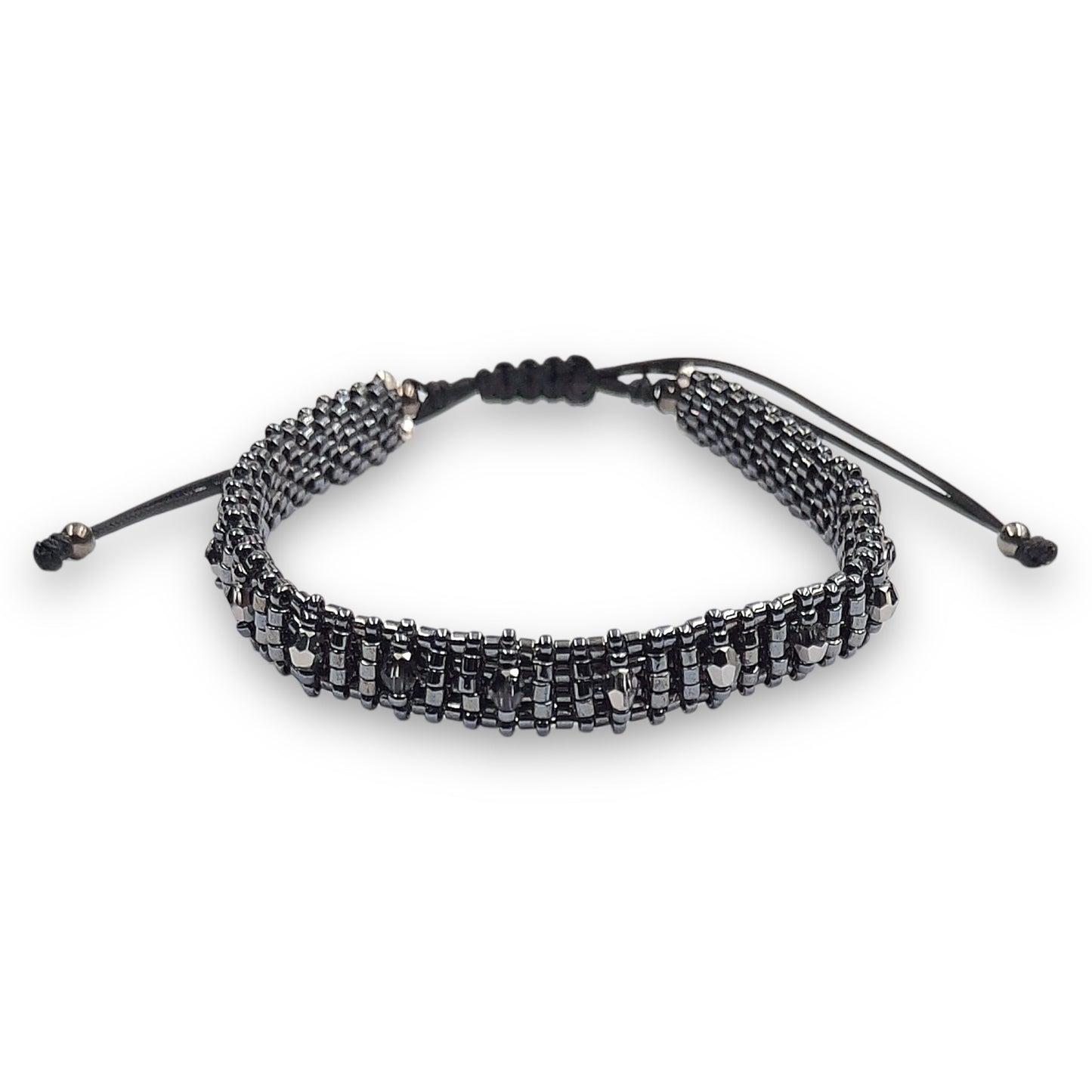 Pulsera Gris Oscuro Brillante con Swarovski, Miyuki y Plata