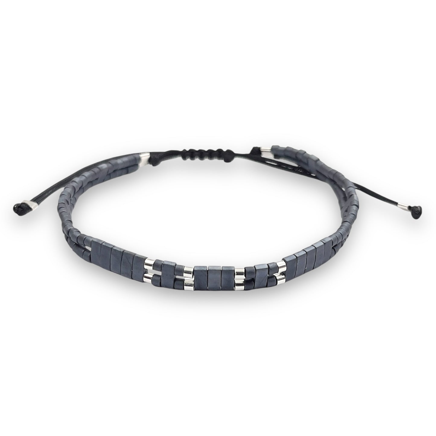 Pulsera Hombre Color Gris Piedra Oscuro con Miyuki y Plata