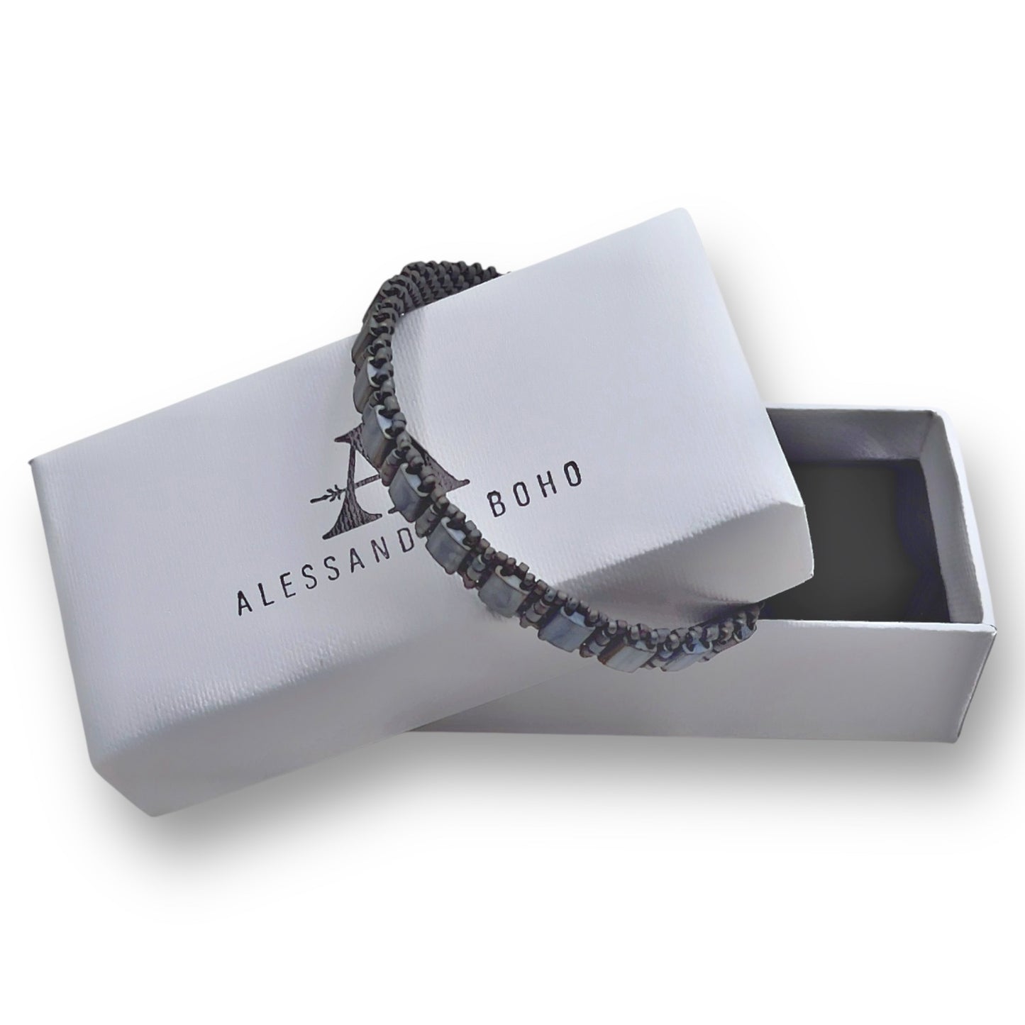 Pulsera Hombre Color Gris Piedra con Miyuki y Plata con Baño de Rutenio