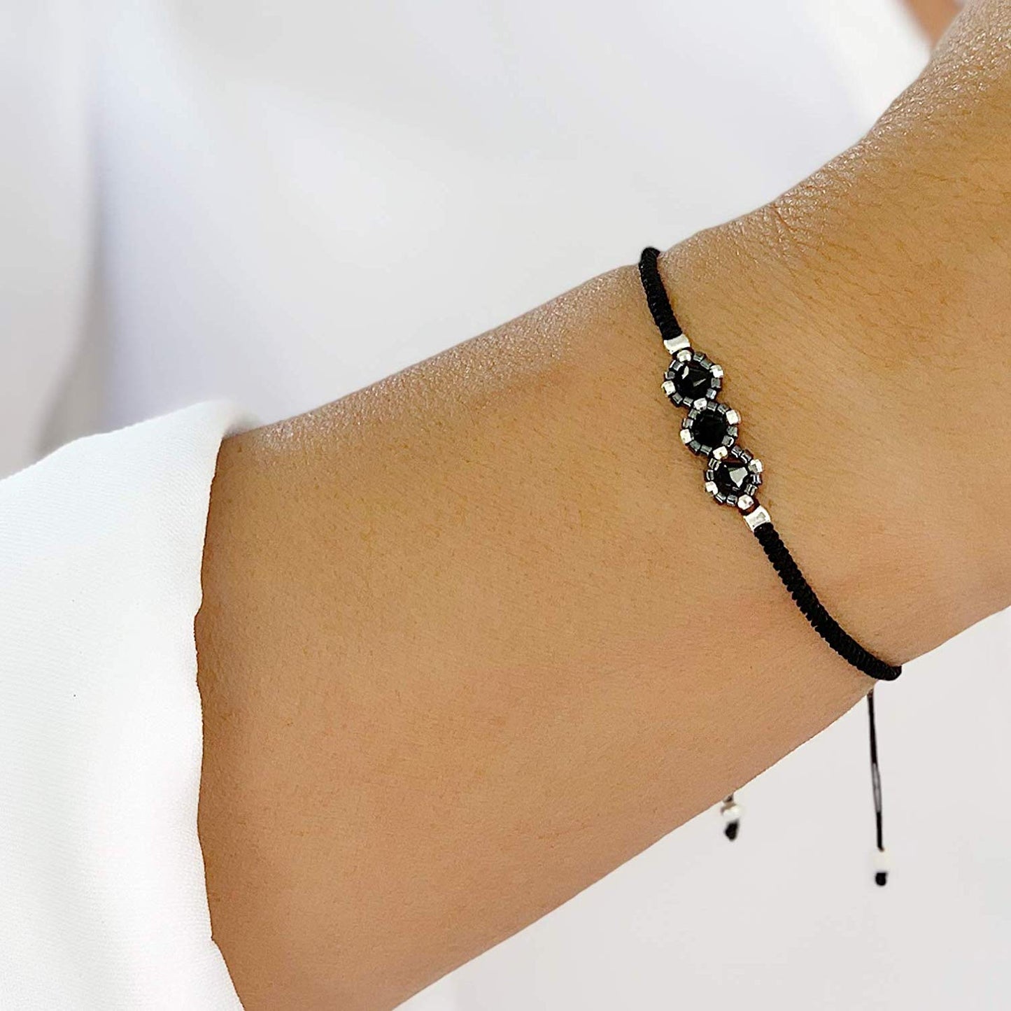 Pulsera Negra con Swarovski, Miyuki y Cuentas de Plata