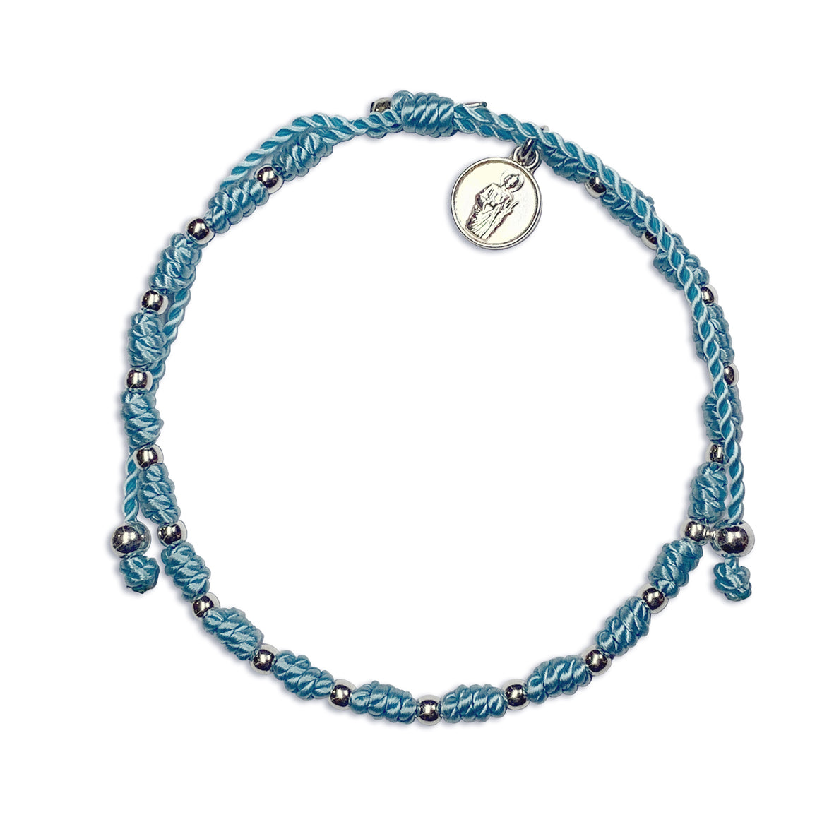 Pulsera Azul Turquesa con Mini Medalla de San Judas Tadeo y Cuentas de Plata