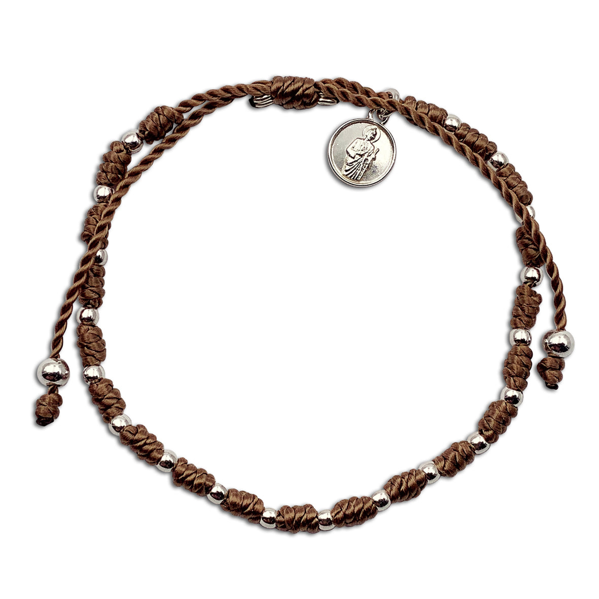 Pulsera Marrón con Medalla de San Judas Tadeo y Cuentas de Plata