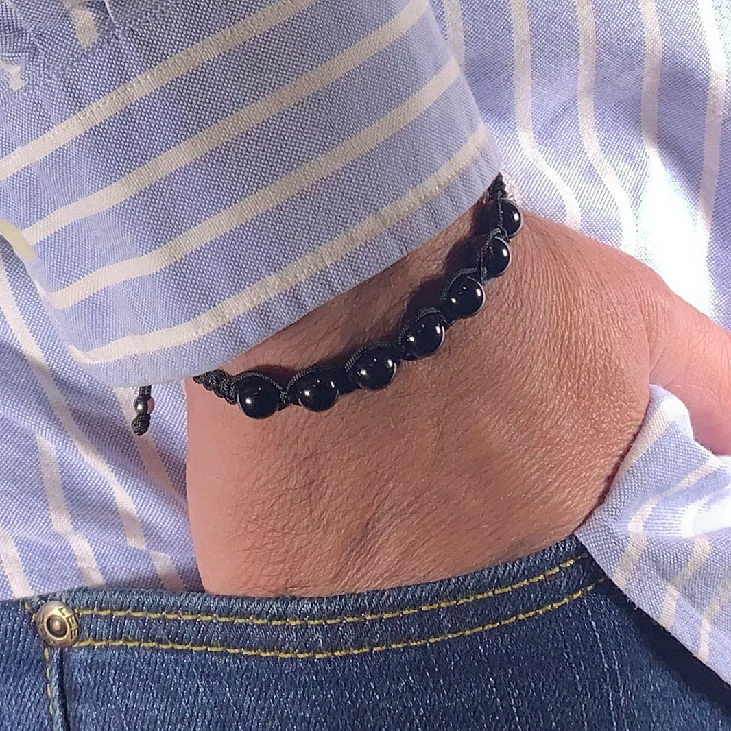 Pulsera de Cordón Negro con 7 Chakras de Turmalina Negra de 8 mm