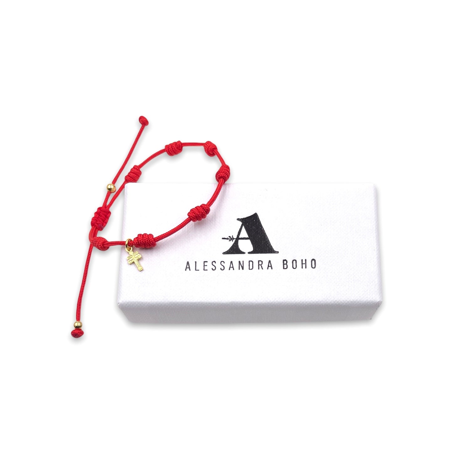Pulsera Roja con 7 Nudos con Mini Cruz de Caravaca con Baño de oro