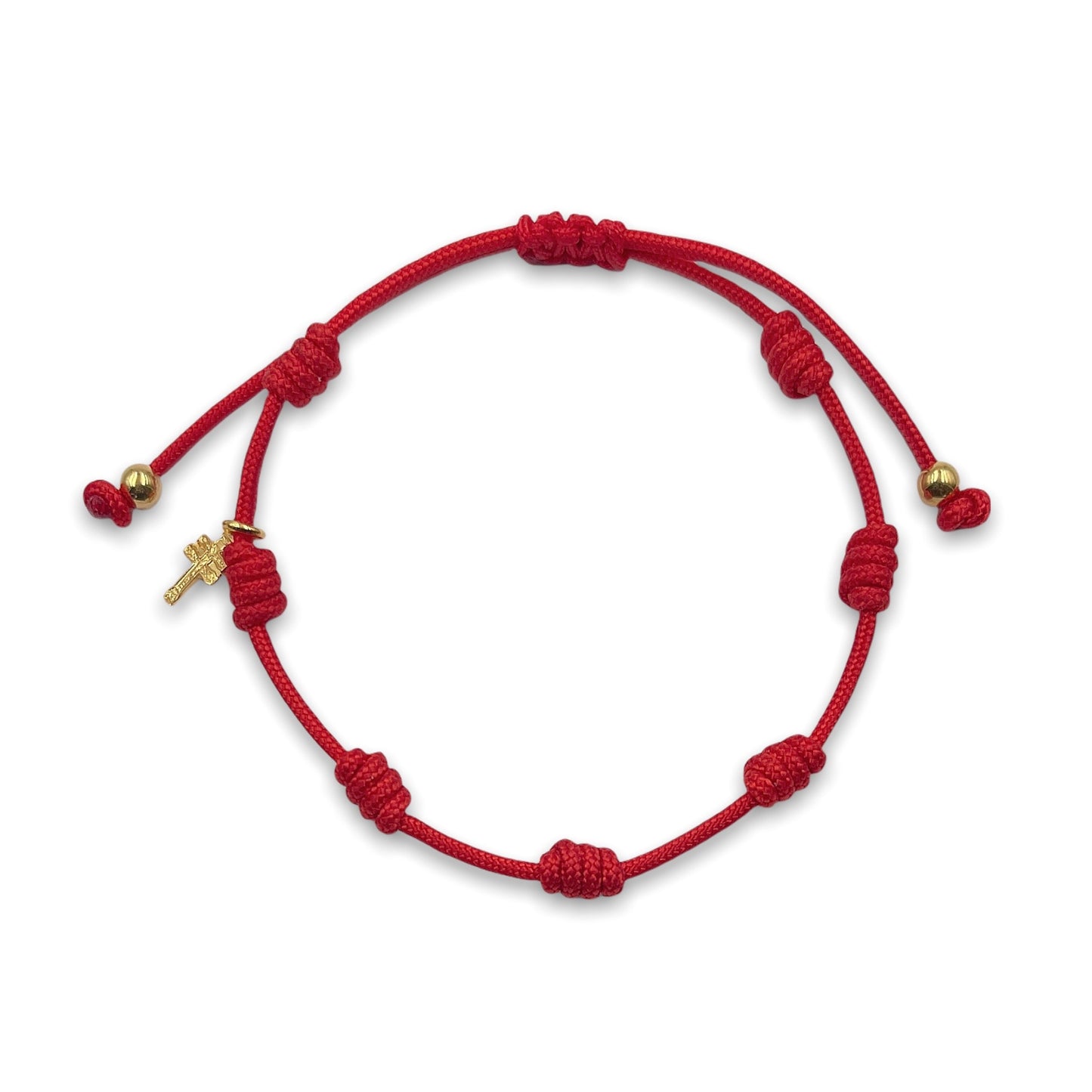 Pulsera Roja con 7 Nudos con Mini Cruz de Caravaca con Baño de oro
