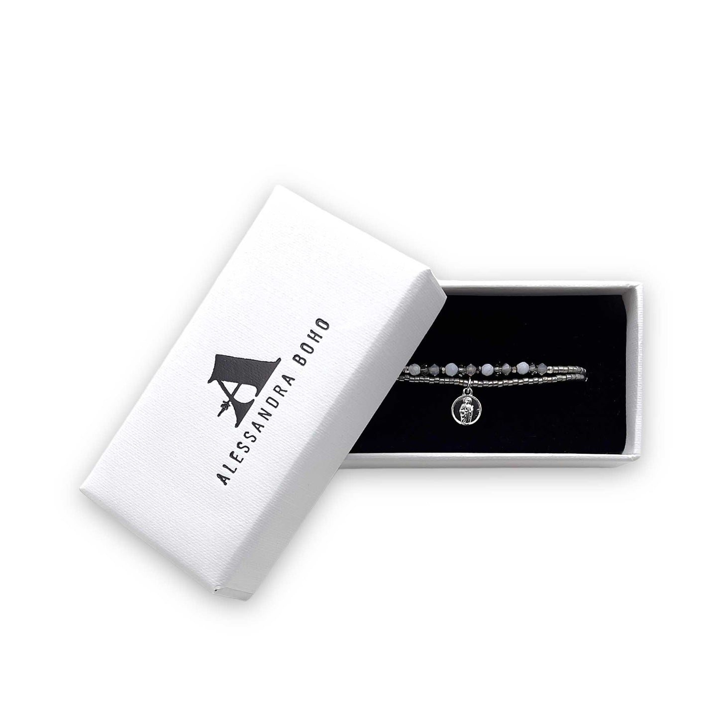 Pulsera con Swarovski, Calcedonia Natural y San Judas Tadeo de Plata