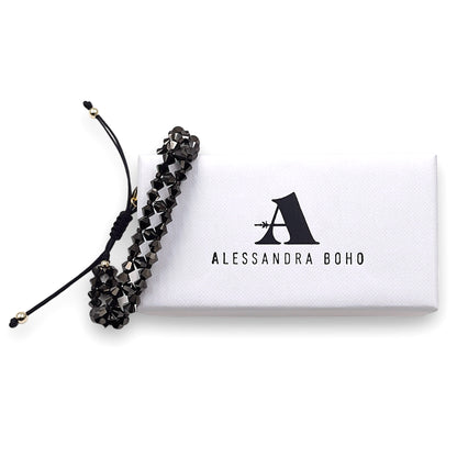 Pulsera con Swarovski, Miyuki y Plata con Baño de Oro en Cordón Negro