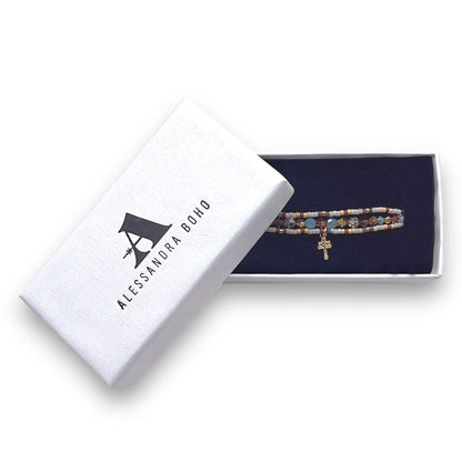 Pulsera con Swarovski, Miyuki y Mini Cruz de Caravaca con Baño de Oro