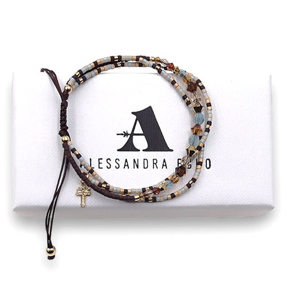 Pulsera con Swarovski, Miyuki y Mini Cruz de Caravaca con Baño de Oro