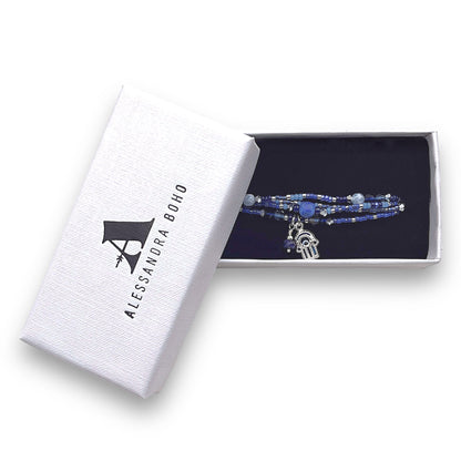 Pulsera con Mano de Fátima, Zafiro, Swarovski y Miyuki