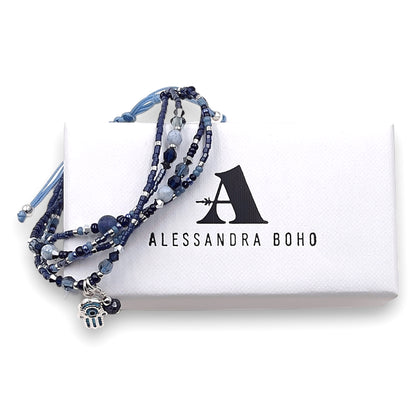 Pulsera con Mano de Fátima, Zafiro, Swarovski y Miyuki