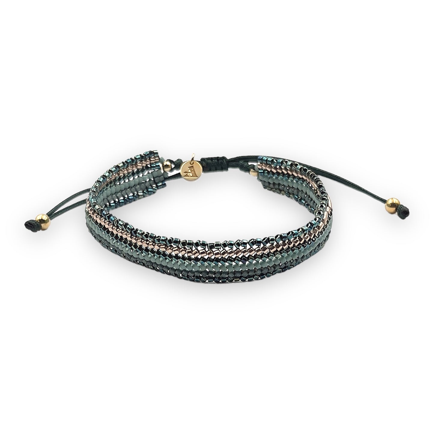Pulsera con Cristales de Miyuki y Plata con Baño de Oro con Cordón Verde