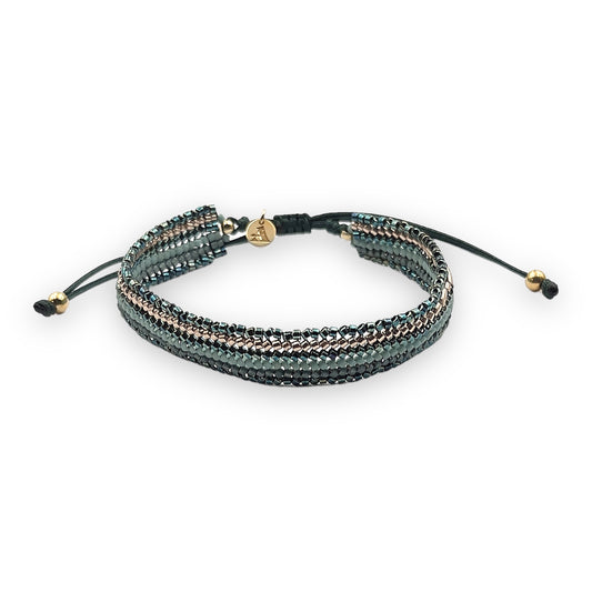 Pulsera con Cristales de Miyuki y Plata con Baño de Oro con Cordón Verde
