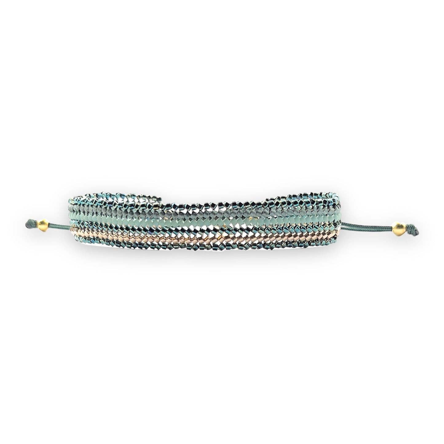 Pulsera con Cristales de Miyuki y Plata con Baño de Oro con Cordón Verde