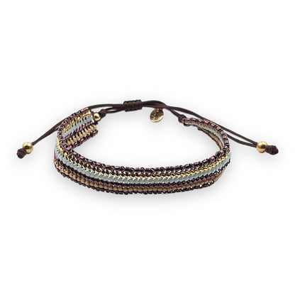 Pulsera con Cristales de Miyuki y Plata con Baño de Oro con Cordón Marrón