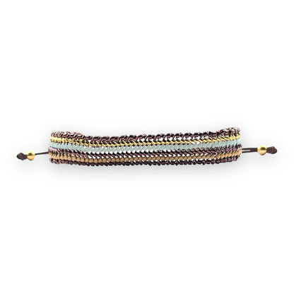 Pulsera con Cristales de Miyuki y Plata con Baño de Oro con Cordón Marrón
