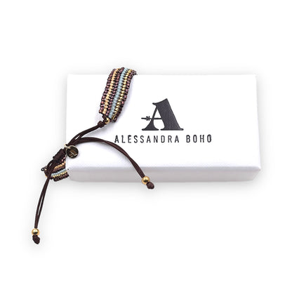 Pulsera con Cristales de Miyuki y Plata con Baño de Oro con Cordón Marrón