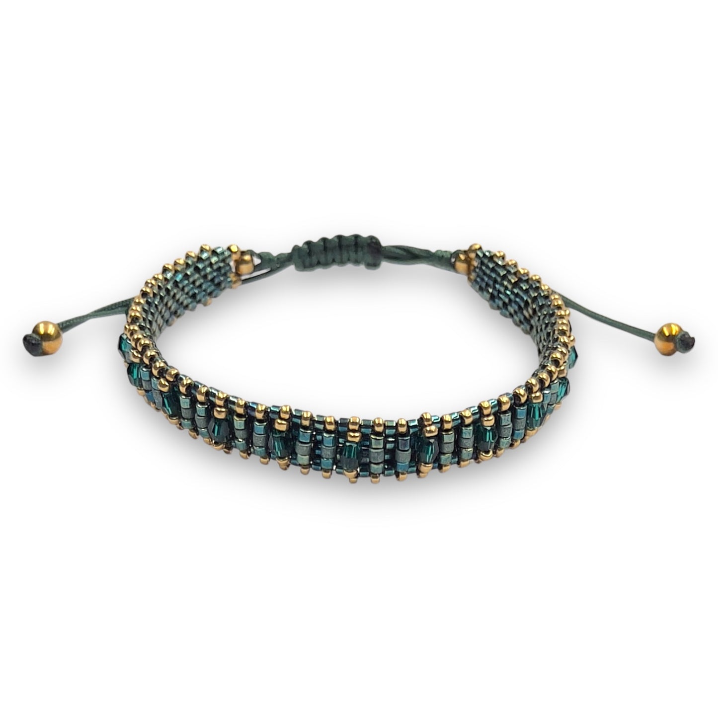 Pulsera Color Verde Esmeralda con Swarovski, Miyuki y Plata con Baño de Oro
