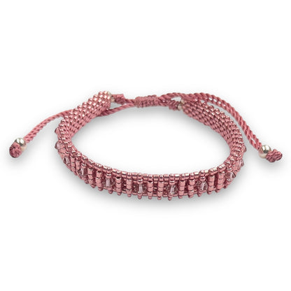 Pulsera rosa metalizada de mujer con Swarovski, Miyuki y plata.