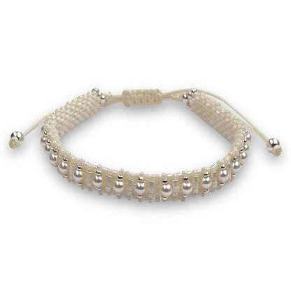 Pulsera blanco perla con cristales Swarovski, Miyuki y plata.