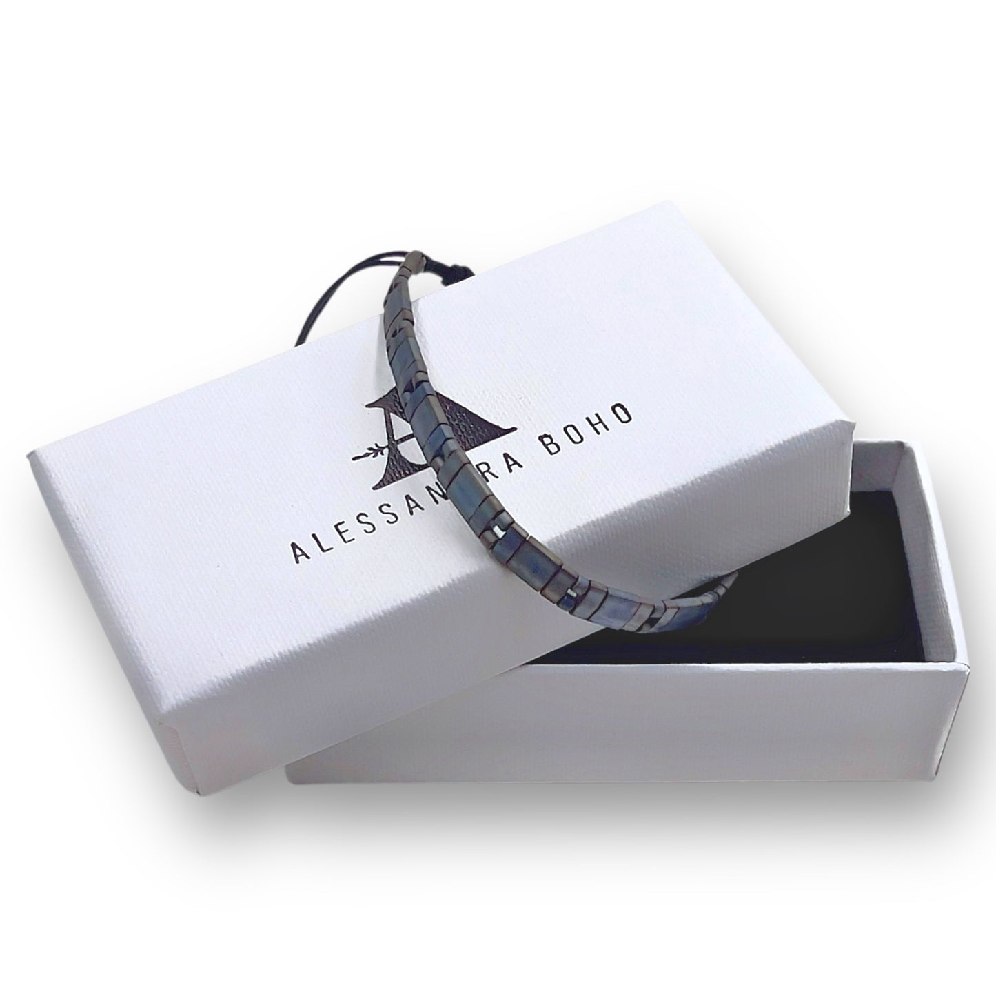 Pulsera Hombre Color Gris Piedra Oscuro con Miyuki y Plata con Baño de Rutenio