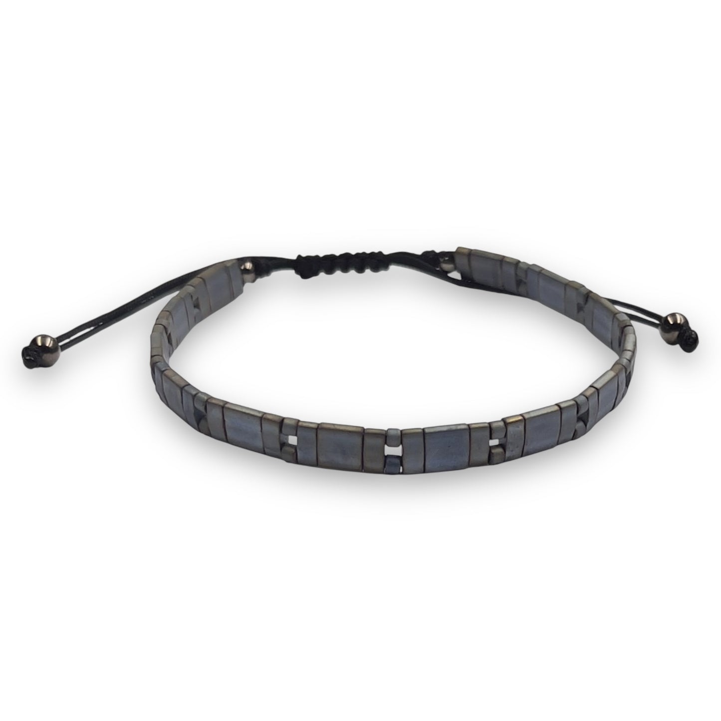 Pulsera Hombre Color Gris Piedra Oscuro con Miyuki y Plata con Baño de Rutenio