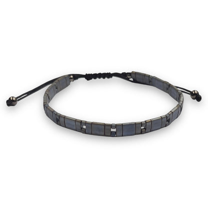 Pulsera Hombre Color Gris Piedra Oscuro con Miyuki y Plata con Baño de Rutenio
